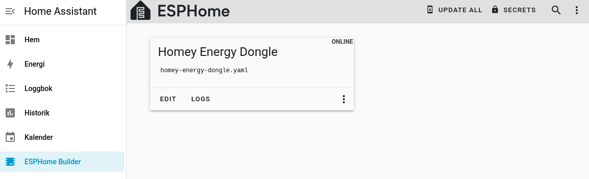 ESPHome dashboard showing the device