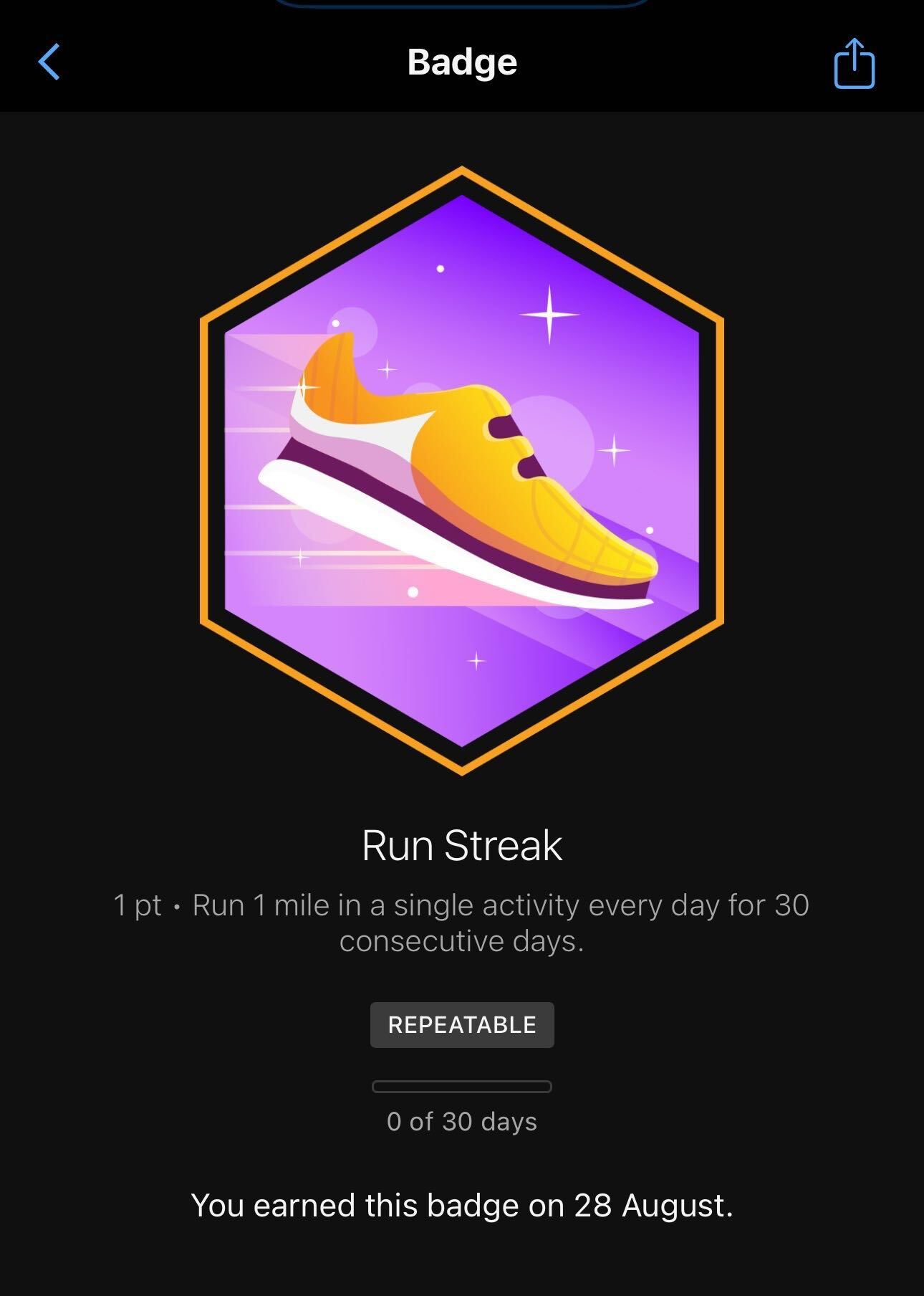 Badge from Garmin Connect for running every day for 30 days
