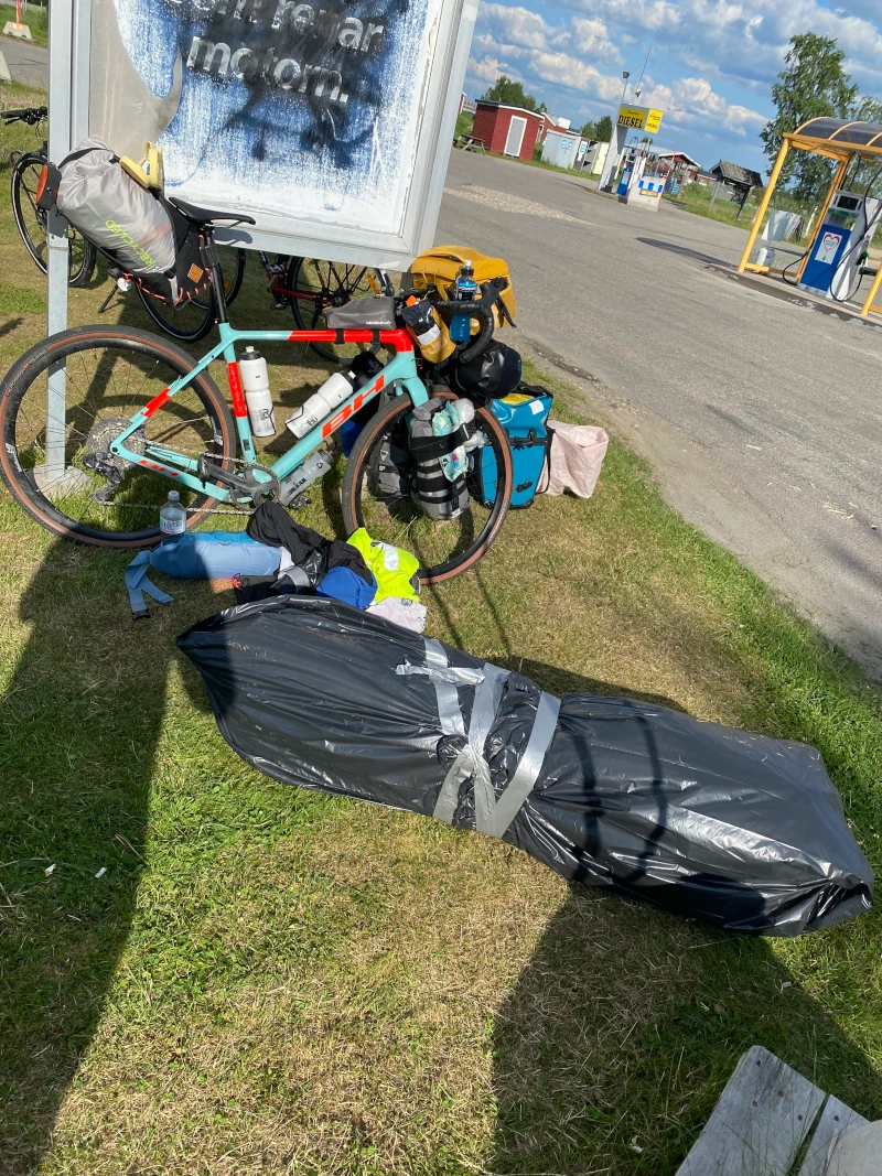 My bike bag wrapped in garbage bags